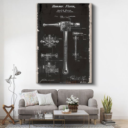 Çekiç Patent Çizimi - 1952 Tarihli Endüstriyel Alet Kanvas Tablo
