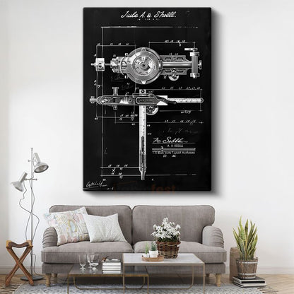 Teknik Çizim Aleti - Vintage Mühendislik Aracı Patent Çizimi Kanvas Tablo