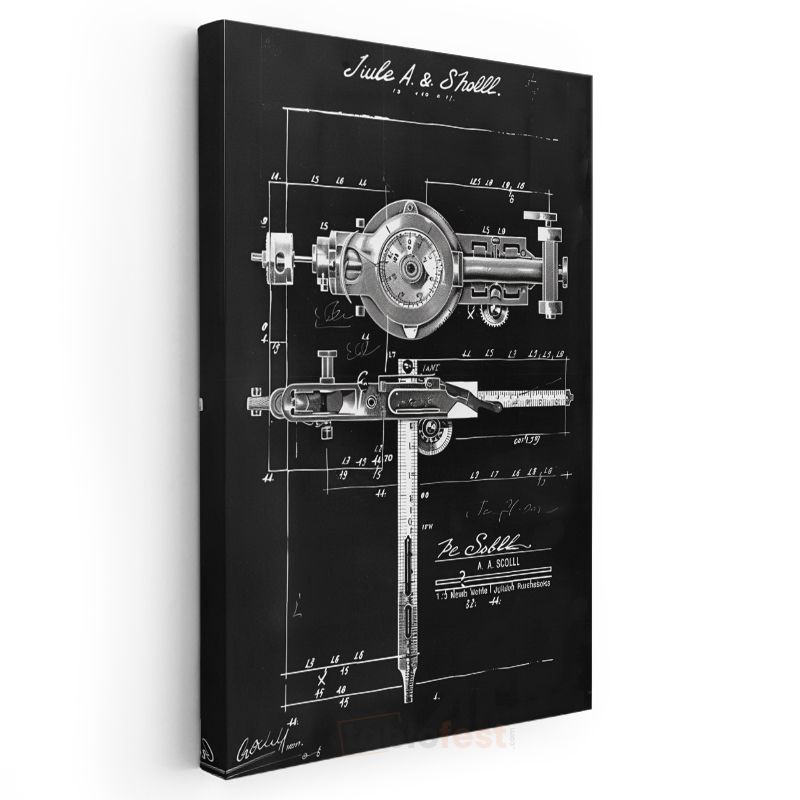 Teknik Çizim Aleti - Vintage Mühendislik Aracı Patent Çizimi Kanvas Tablo