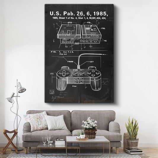Oyun Konsolu - 1985 Retro Oyun Kumandası Patent Çizimi Kanvas Tablo