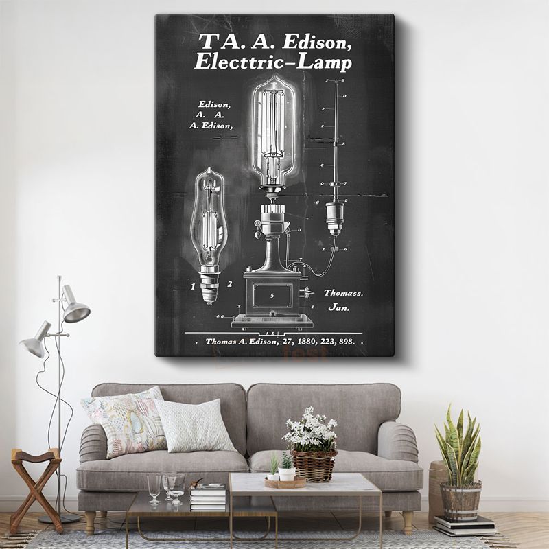 Edison Ampulü - 1880 İkonik İcat Patent Çizimi Kanvas Tablo