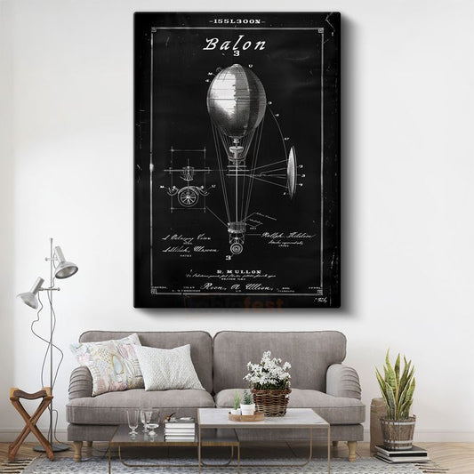 Hava Balonu - Vintage Uçuş Aracı Patent Çizimi Kanvas Tablo