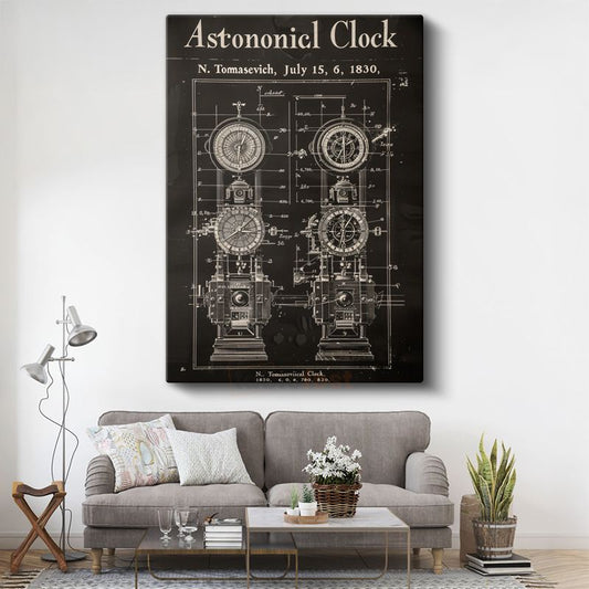 Astronomik Saat - Antik Zaman Ölçer Patent Çizimi Kanvas Tablo
