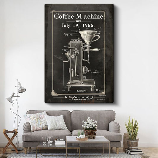 Kahve Makinesi Çizimi - 1966 Model Espresso Ekipmanı Kanvas Tablo