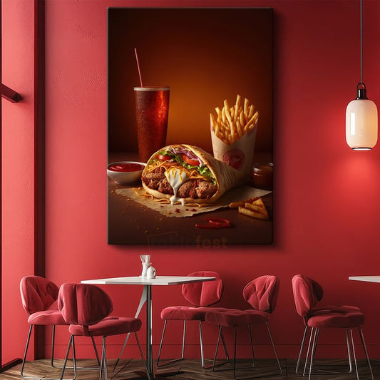Fast Food Menüsü - Lezzetli Dürüm ve Patates Kızartması Kanvas Tablo