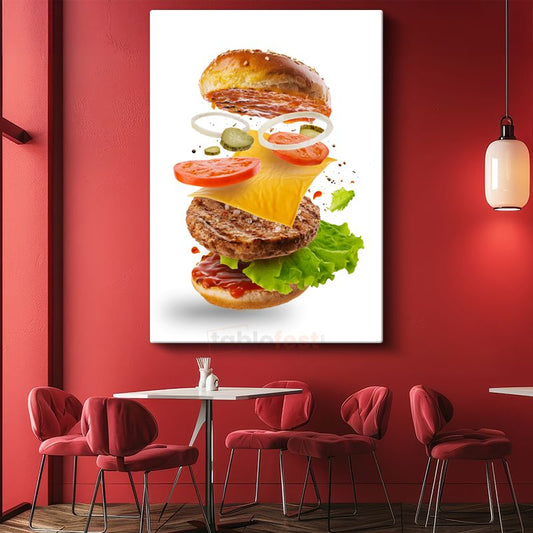 Burger Patlamasi - Havada Asılı Duran Malzemeleriyle Yaratıcı Hamburger Kanvas Tablo
