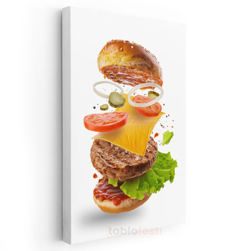 Burger Patlamasi - Havada Asılı Duran Malzemeleriyle Yaratıcı Hamburger Kanvas Tablo