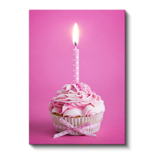Doğum Günü Cupcake - Pembe Krema ve Mum Detaylı Tatlı Kanvas Tablo