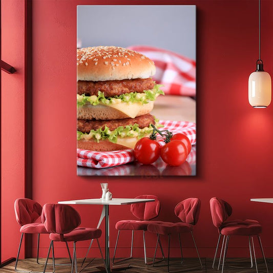 Çift Katlı Hamburger - Peynirli Leziz Fast Food Kanvas Tablo