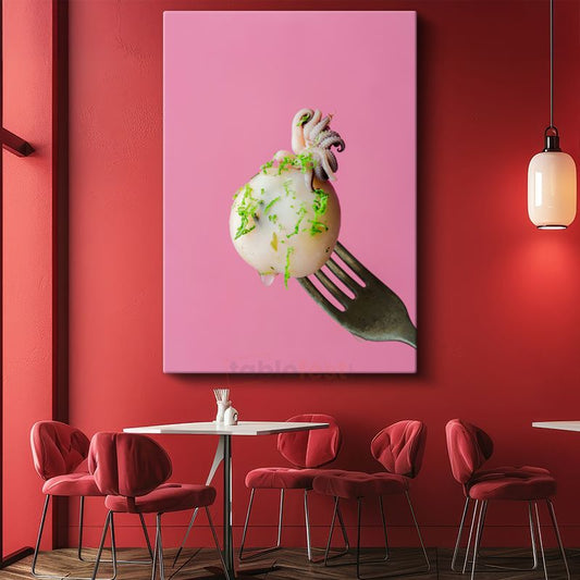 Kalamar Sanatı - Pembe Fonda Deniz Lezzeti Kanvas Tablo