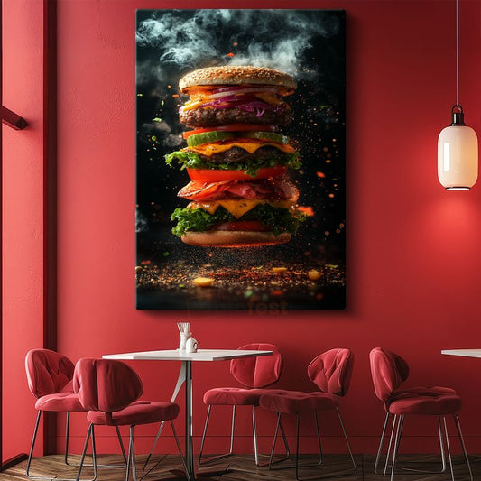 Lezzetli Hamburger - Dumanlı Gourmet Burger Kanvas Tablo