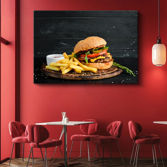 Klasik Hamburger - Patates Kızartması Eşliğinde Kanvas Tablo