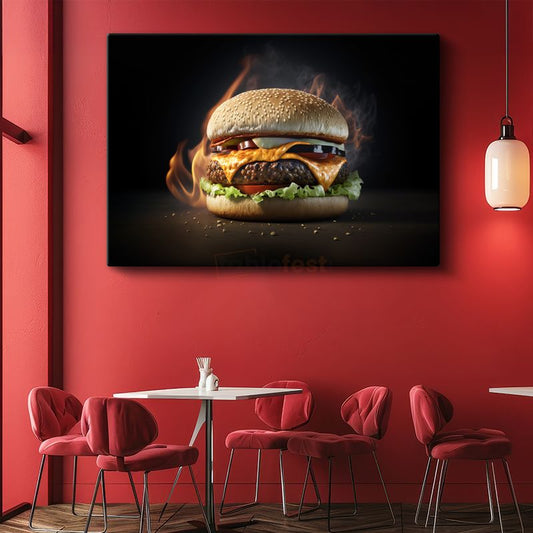 Alevli Burger - Eriyen Peynir Lezzeti Kanvas Tablo