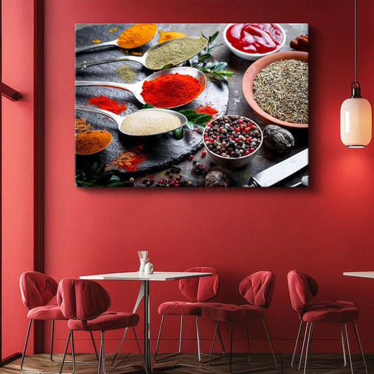 Renkli Baharatlar - Kaşıklarda Sunulan Egzotik Tatlar Kanvas Tablo