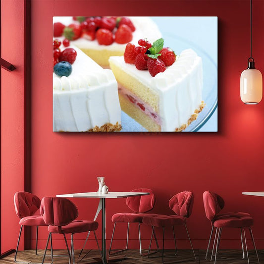 Meyveli Pasta - Kremşanti ve Ahududu Süslemeli Dilimler Kanvas Tablo