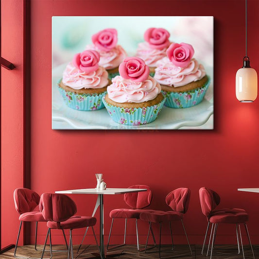 Gül Süslemeli Cupcake - Pembe Kremalı Mini Pastalar Kanvas Tablo