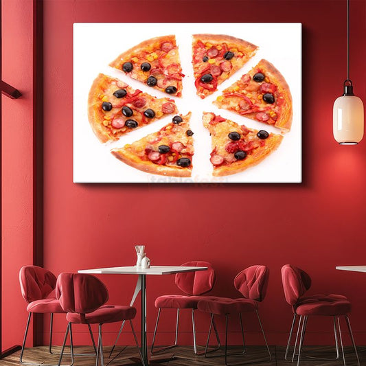 Dilimlenmiş Pizza - Sucuklu ve Zeytinli Karışık Kanvas Tablo