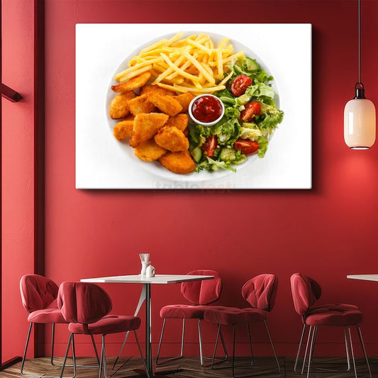 Altın Rengi Tavuk Nugget - Taze Salata ve Patates Kızartması Eşliğinde Kanvas Tablo