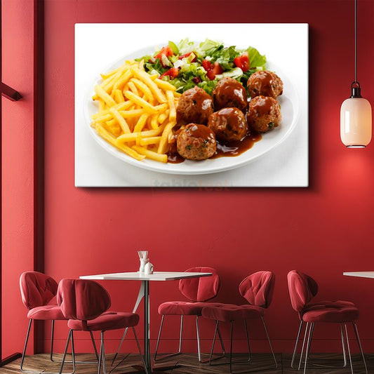 Ev Yapımı Köfte - Soslu Köfteler ve Patates Kızartması Kanvas Tablo