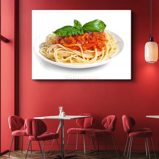 İtalyan Makarnası - Domates Sosu ve Taze Fesleğenli Spagetti Kanvas Tablo