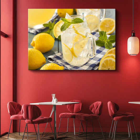 Ferahlatıcı Limonata - Nane Yaprakları ve Limon Dilimleriyle Süslenmiş İçecek Kanvas Tablo