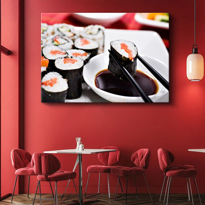 Sushi Ziyafeti - Çubukla Tutulmuş Somon Rulosu Kanvas Tablo