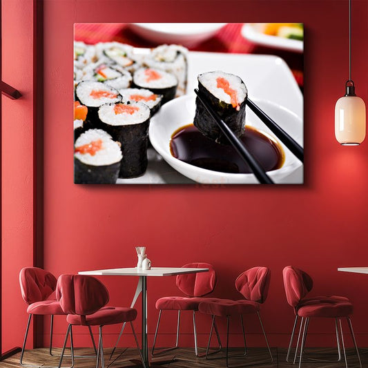 Sushi Ziyafeti - Çubukla Tutulmuş Somon Rulosu Kanvas Tablo
