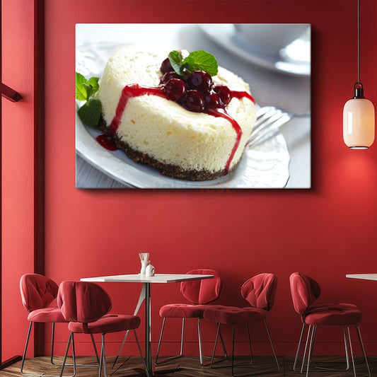 Vişneli Cheesecake - Nane Yapraklı Tatlı Dilimi Kanvas Tablo