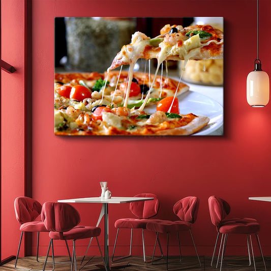 Peynirli Pizza - Uzayan Mozarella ve Taze Malzemeli Kanvas Tablo
