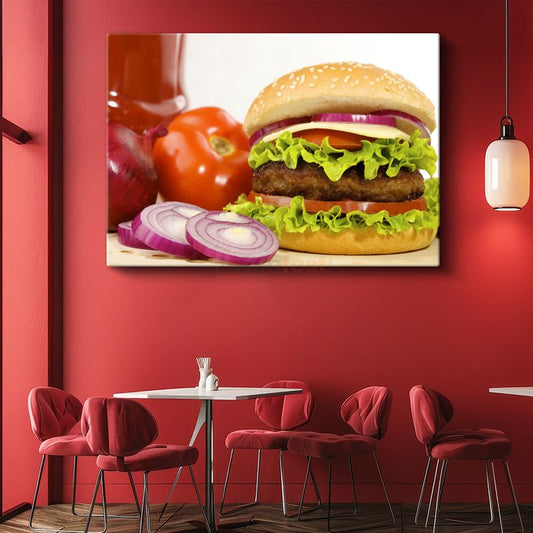 Lezzetli Hamburger - Taze Sebzelerle Hazırlanmış Kanvas Tablo