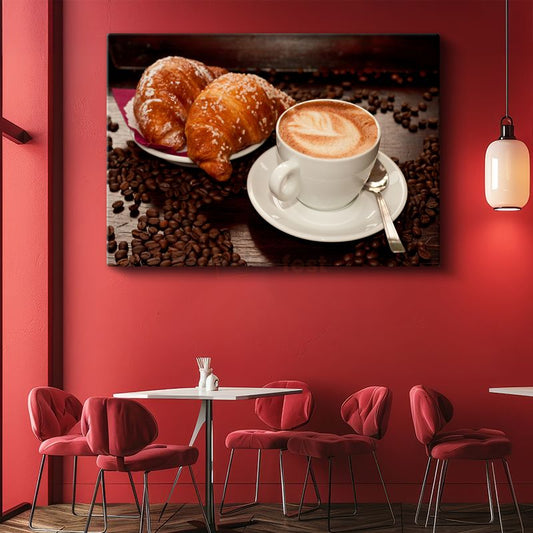 Kahve Keyfi - Latte ve Kruvasan Kanvas Tablo